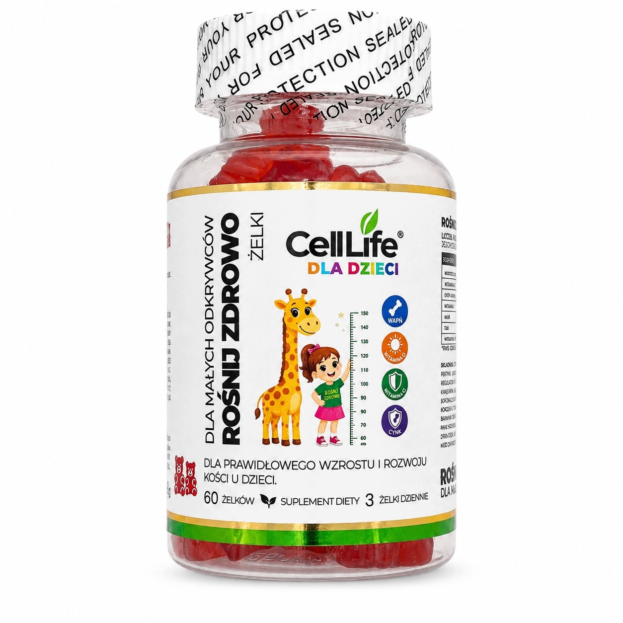 Cell Life Żelki dla Dzieci Rośnij Zdrowo D3 K2 MK7 Cynk Witamina C 60 szt