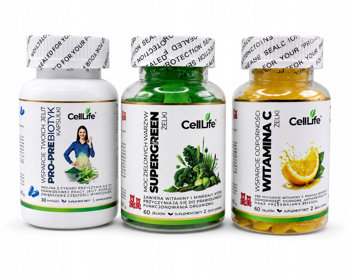 Suplementy diety Cell Life Odporność Jelita Witamina C SuperGreen Prebiotyk